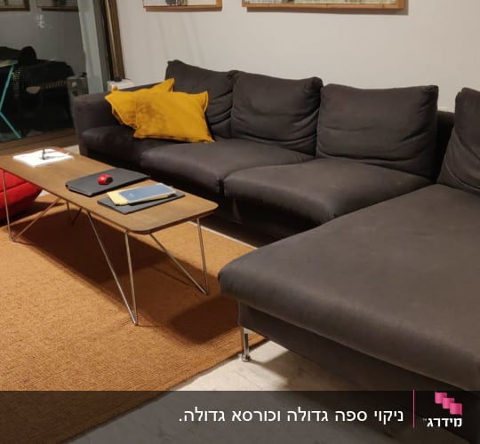 ספה אפורה עם כרית צהובה ושולחן קטן